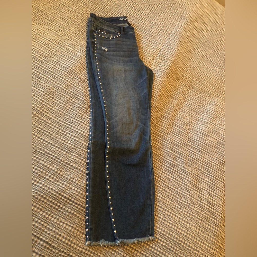 INC Silver metal studded denim jean crops in size 12. Worn 1x. Frayed leg finish